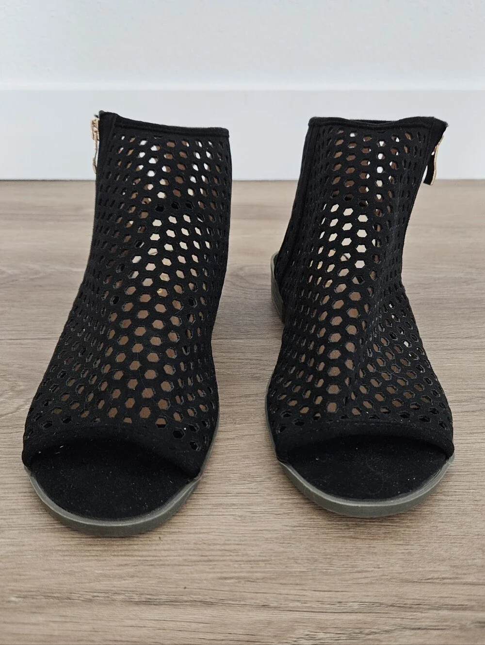 Mata Black Pinhole Peep-Toe Zip Sandals Size 7.5